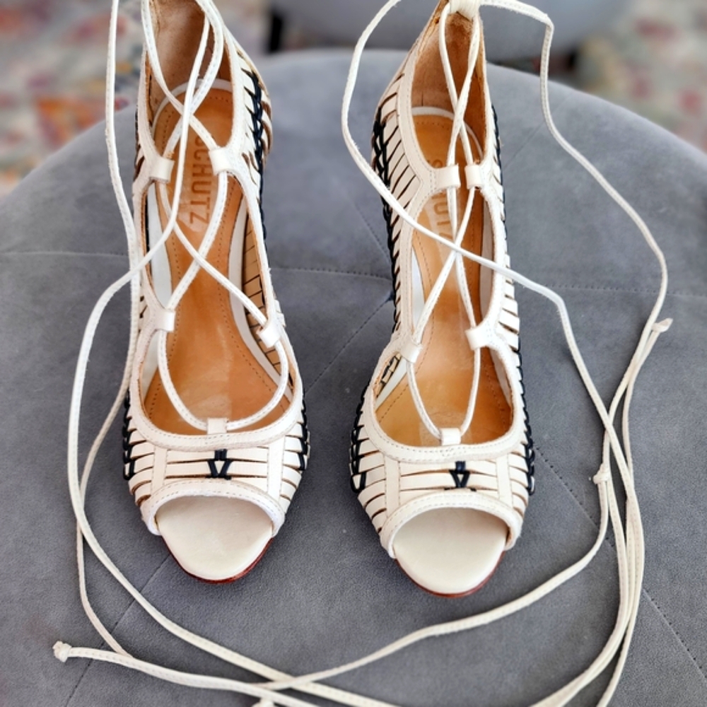 Women's White and Black Heels With Wrap Around Straps By Schutz